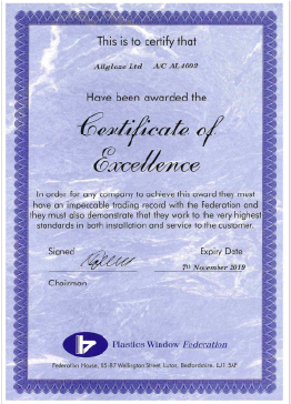 Certificate of Excellence awarded by Plastics Window Federation