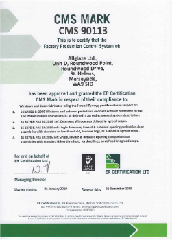 CMS Mark. CMS 90113. This is to certify that the Factory Production Control System of "Allglaze Ltd" has been approved and granted the ER Certification CMS Mark in respect of their compliance.